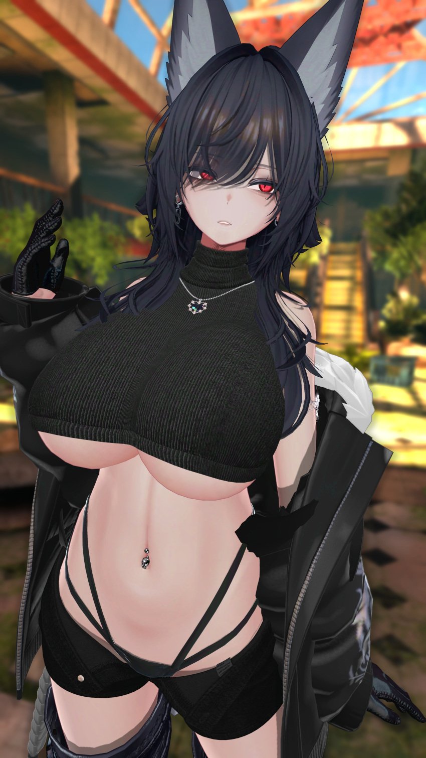 1girls black_hair huge_breasts long_ears looking_at_viewer red_eyes skimpy_clothes tagme vrchat