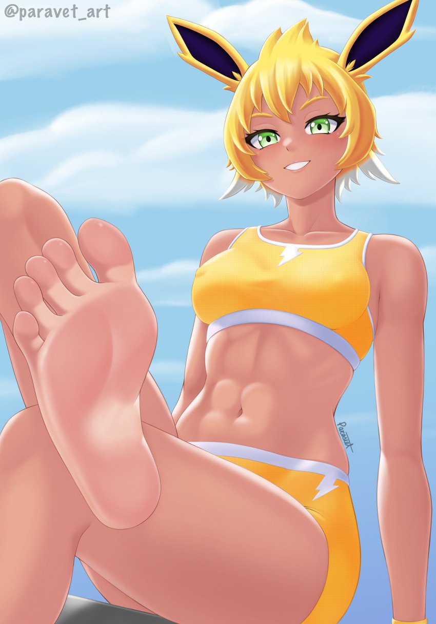 abs absurdres artist_name barefoot blonde_hair blush bra collarbone covered_erect_nipples creatures_(company) crossed_legs female female_focus foot_out_of_frame foreshortening game_freak gen_1_pokemon green_eyes highres jolteon looking_at_viewer muscular muscular_female navel nintendo paravet personification pokemon short_hair shorts signature sitting sky smile soles solo sports_bra teeth thighs toes twitter_username underwear yellow_bra yellow_shorts