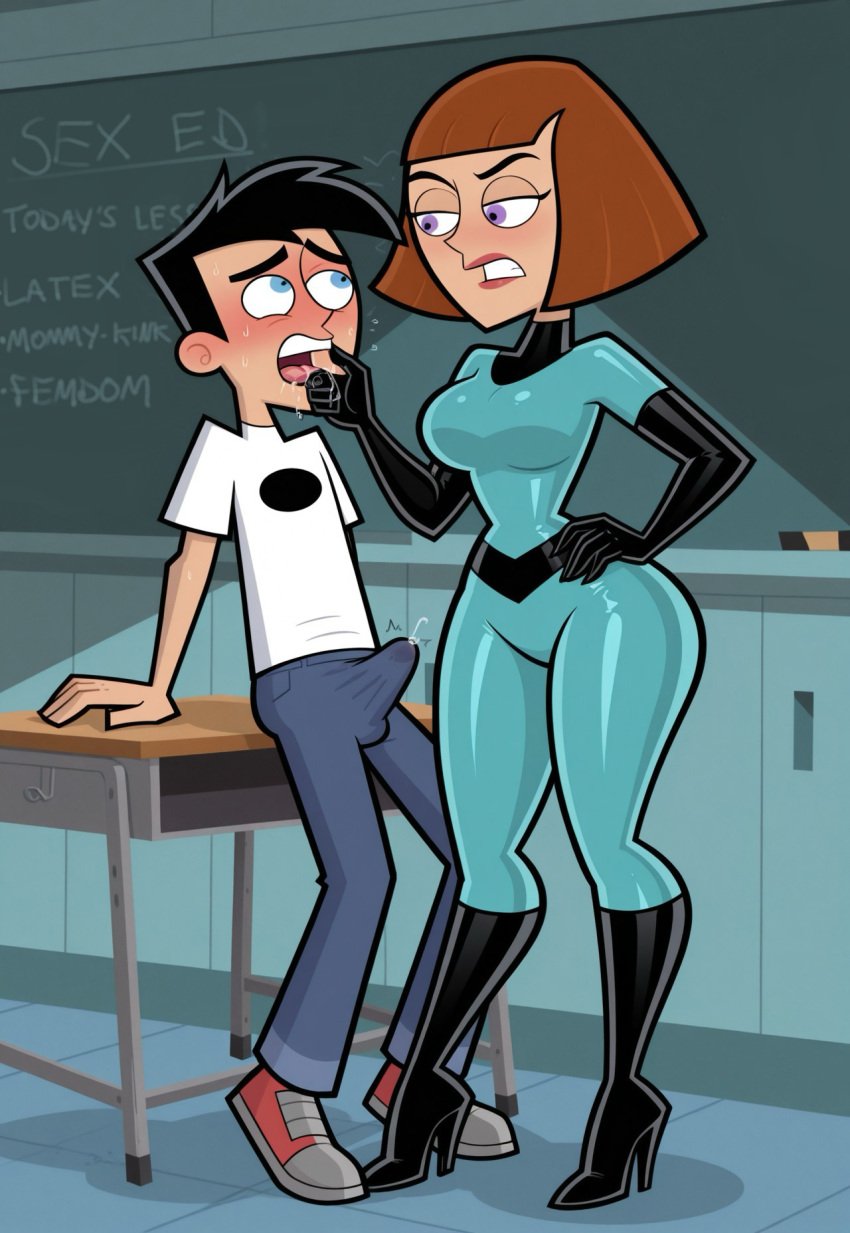 ai_generated bodysuit civitai classroom clothed clothing danny_fenton danny_phantom elbow_gloves erection erection_under_clothes gloves high_heel_boots latex madeline_fenton mommy mommy_dom mommy_kink mother_and_son nickelodeon nicktoons older_female self_upload teacher_and_student younger_male