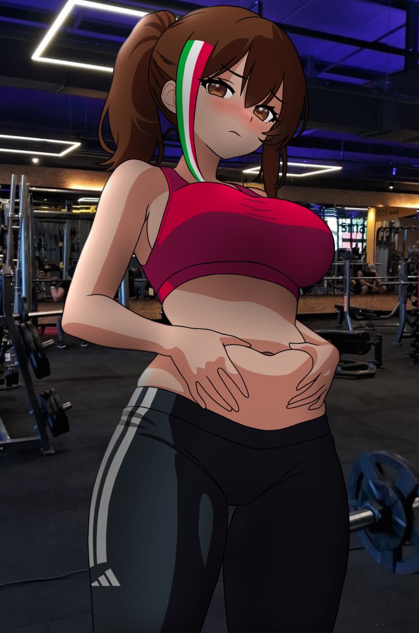 blush breasts brown_body brown_eyes brown_hair chilo_chan chilo_sports chubby chubby_female grabbing gym leggings mexican_female sports_bra