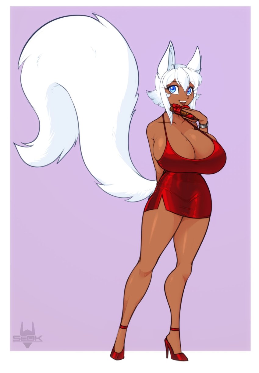 1girls 2d big_breasts blue_eyes child_bearing_hips digital_drawing digital_media female female_only female_solo fluffy fluffy_tail fox fox_ears fox_humanoid fox_tail foxgirl heels high_heels hourglass_figure huge_breasts humanoid hyper_breasts monster_girl red_dress red_heels red_high_heels scorpdk shortstack simple_background solo sparkly_dress tail tanned tanned_female tanned_skin thick_thighs vulpine vulpine_humanoid white_fur white_hair yuki_(yuki_anno)