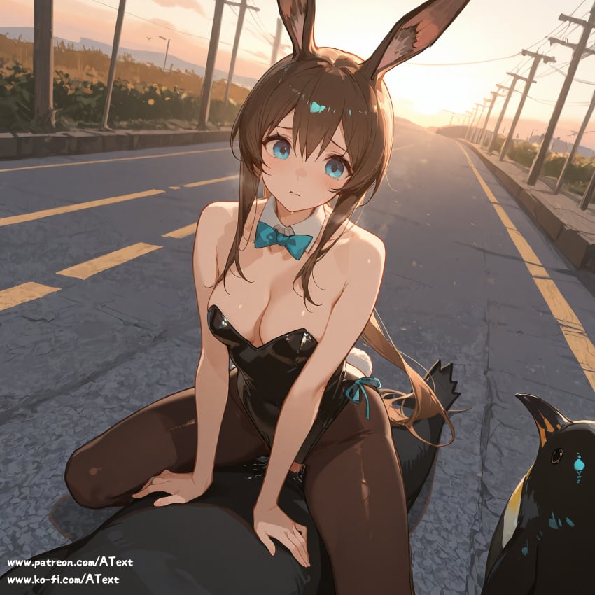 1boy ai_generated amiya_(arknights) annoyed arknights beautfiul_background bunnysuit chick hair_messy medium_breasts penguin road stunning_backgroud vaginal_penetration vaginal_sex