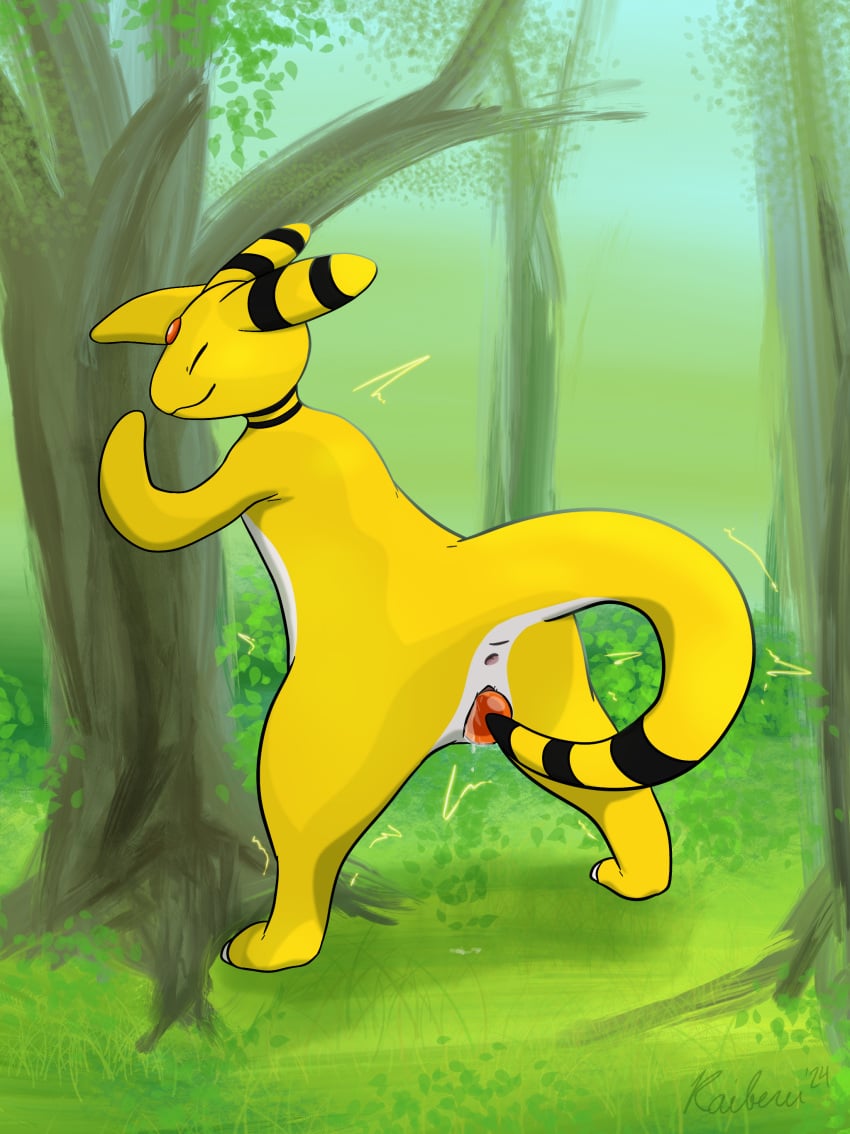 absurd_res ampharos anus ass closed_eyes electricity female generation_2_pokemon genitals grass hi_res kaiberu masturbation nintendo outside outside_masturbation plant pokemon pokemon_(species) pussy smile tail tail_fetish tail_play tree