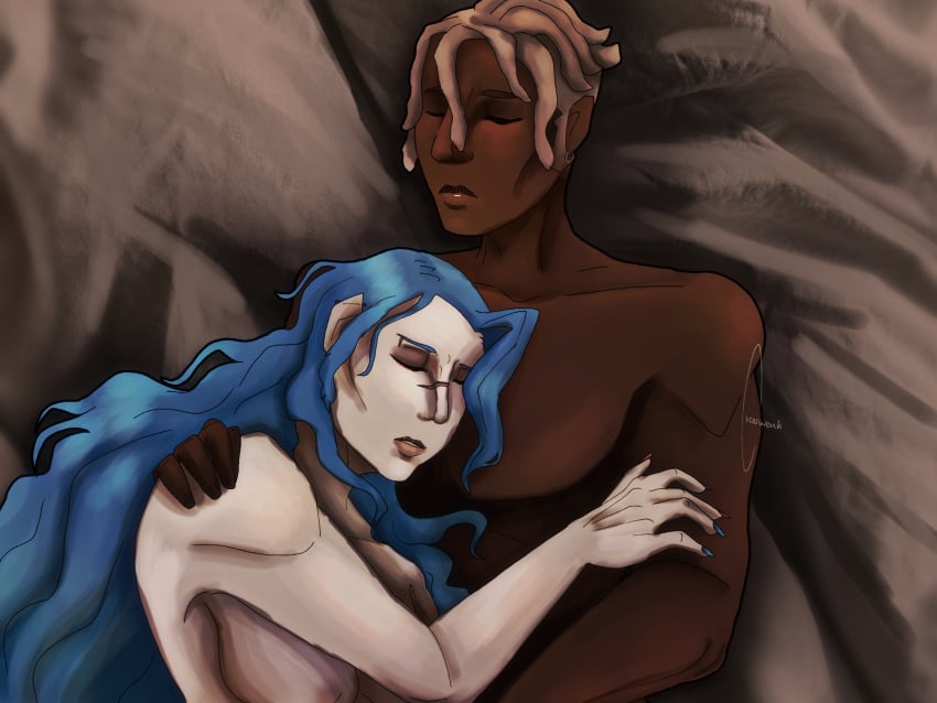 2d 2d_(artwork) aftermath arcane arcane_jinx blue_hair cicerwoah cuddles cuddling dark-skinned_male dark_skin ekko interracial jinx_(arcane) jinx_(league_of_legends) league_of_legends lol long_hair non-sexual_nudity peaceful questionable riot_games scar scars self_upload sfw sleeping wholesome