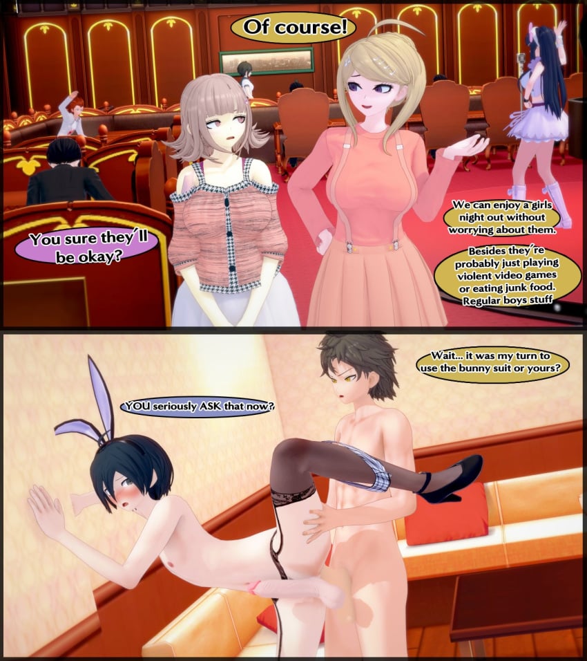 2boys 3d 3d_(artwork) bookie bunny_ears bunnysuit crossdressing danganronpa dialogue english_text hands_against_wall hinata_hajime koikatsu saihara_shuuichi yaoi