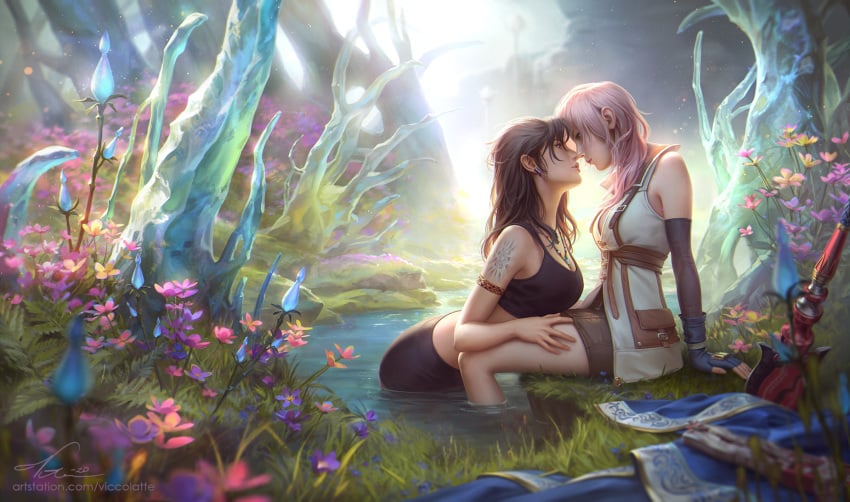 2d_(artwork) 2d_artwork 2girls bare_shoulders dark_hair eclair_farron female/female female_only final_fantasy final_fantasy_xiii lesbian midriff oerba_yun_fang_(ff_xiii) pink_hair pond romantic skirt water yuri