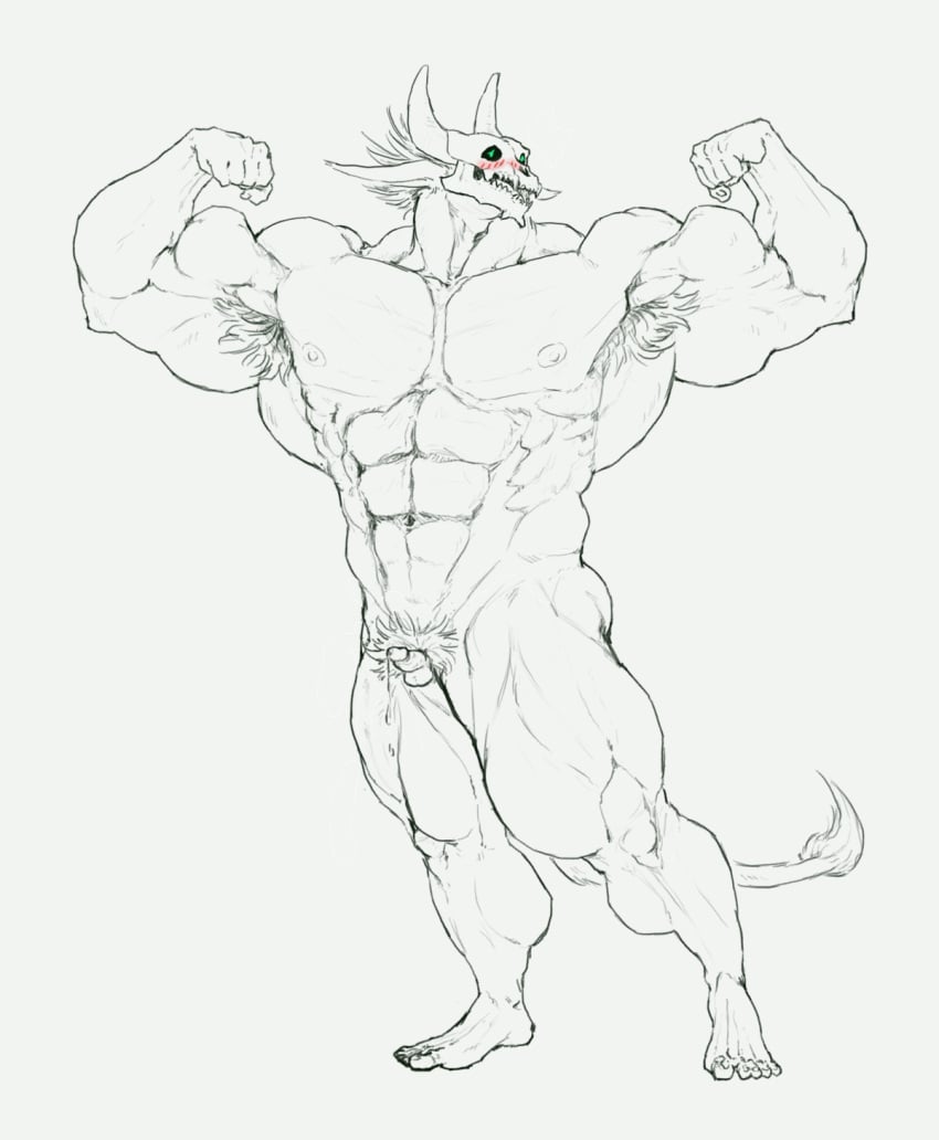 abs anthro armpit_hair ass balls barazoku basil_(papyreit) biceps big_muscles blush bodily_fluids body_hair bone demon dripping embarrassed erection feet flexing flexing_bicep genital_fluids genitals glowing glowing_eyes hi_res horn huge_muscles invalid_tag male muscular muscular_anthro muscular_male nipples papyreit pecs penis pose precum precum_drip pubes skull small_balls small_penis solo tail tail_tuft tuft