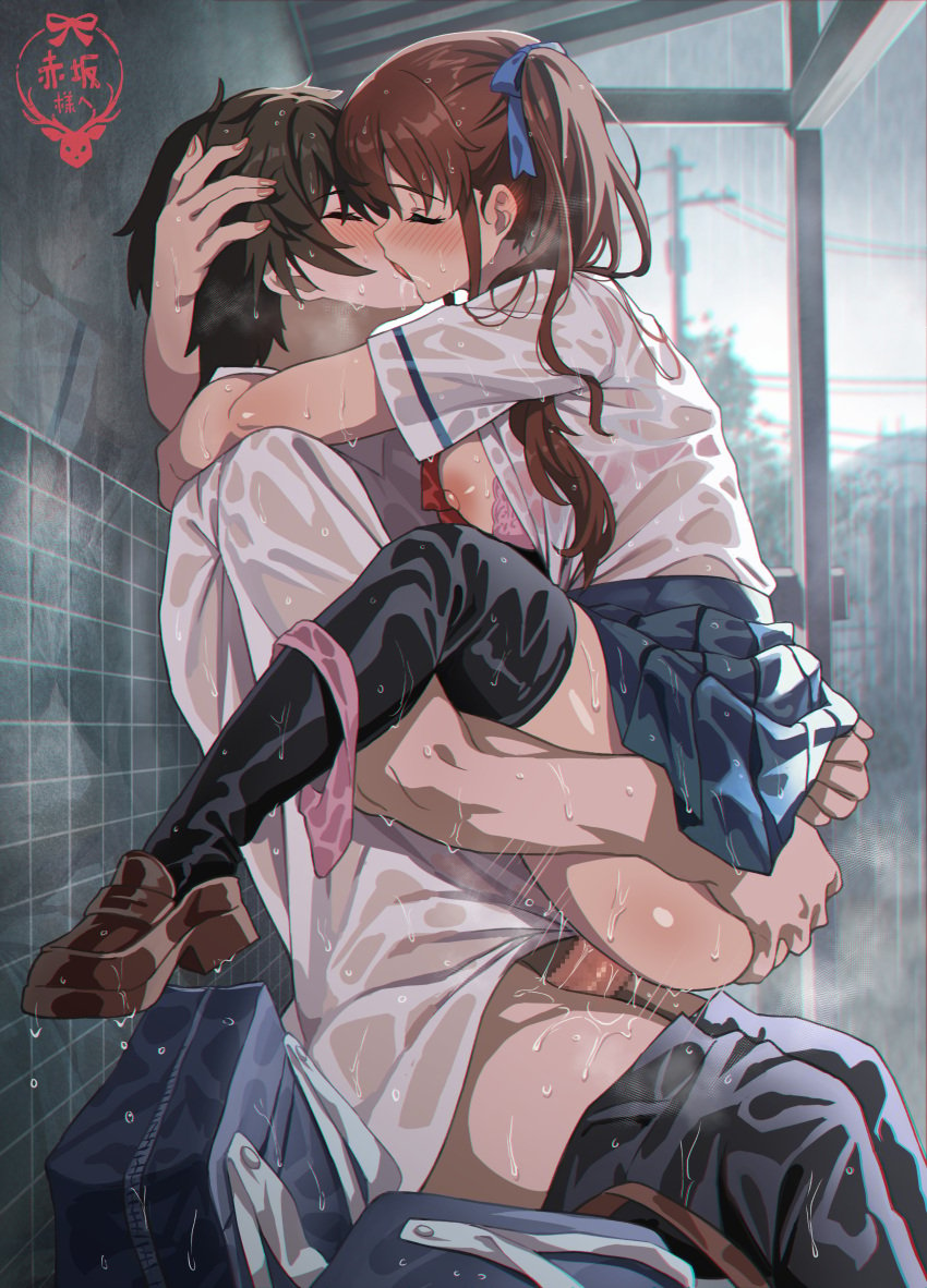 1boy absurdres akazawa_izumi another black_hair black_thighhighs breasts brown_hair brown_shoes censored clothed_sex commentary_request elocca female french_kiss grey_sky highres kissing large_breasts loafers mosaic_censoring outdoors penis rain sakakibara_kouichi school_uniform sex shirt shoes short_hair sky straight thighhighs upright_straddle wet wet_clothes wet_shirt white_shirt