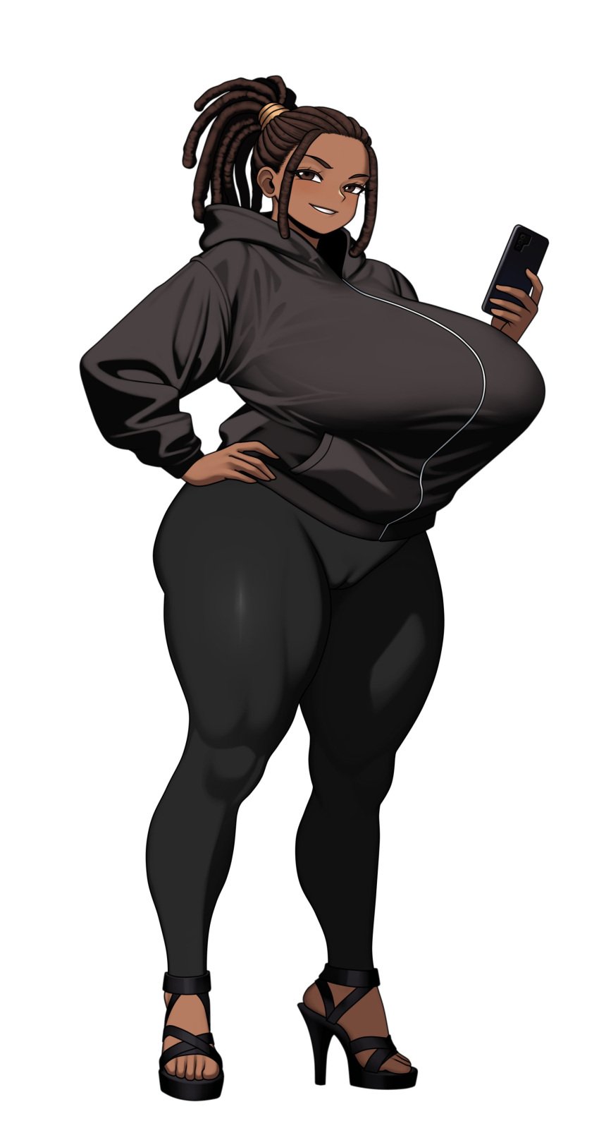 1girls artist_request dark-skinned_female fully_clothed huge_breasts looking_at_another tagme thick_thighs