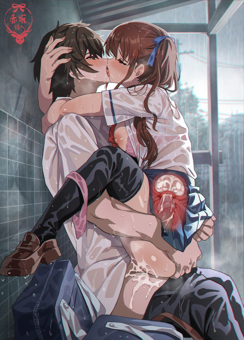 1boy absurdres akazawa_izumi another black_hair black_thighhighs breasts brown_hair brown_shoes censored clothed_sex commentary_request cum elocca female grey_sky highres internal_cumshot large_breasts loafers mosaic_censoring outdoors penis rain sakakibara_kouichi school_uniform sex shirt shoes short_hair sky straight thighhighs upright_straddle wet wet_clothes wet_shirt white_shirt x-ray