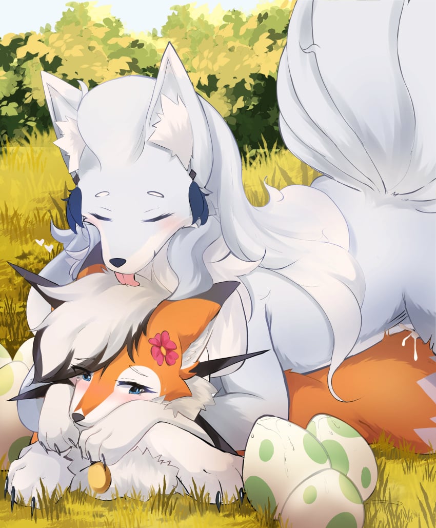 2024 absurd_res accessory alolan_form alolan_ninetales black_highlights black_nose blush bodily_fluids canid canine claws closed_eyes cum cum_drip digital_media_(artwork) dripping duo dusk_lycanroc egg eyelashes female feral flower flower_in_hair fluffy fluffy_tail fur generation_7_pokemon genital_fluids grass hair hair_accessory heart_symbol hi_res highlights_(coloring) hug hugging_another hugging_from_behind inner_ear_fluff kyuu_(kyuukon) kyuukon licking licking_another licking_partner looking_at_egg lycanroc lying lying_on_grass lying_on_partner male male/female mammal multicolored_body multicolored_fur nintendo offscreen_sex on_front orange_body orange_fur plant pokemon pokemon_(species) pokemon_egg pussy_juice_on_egg raised_tail regional_form_(pokemon) shrub snout soulsong_(celestial_wolf) tail tongue tuft white_body white_fur