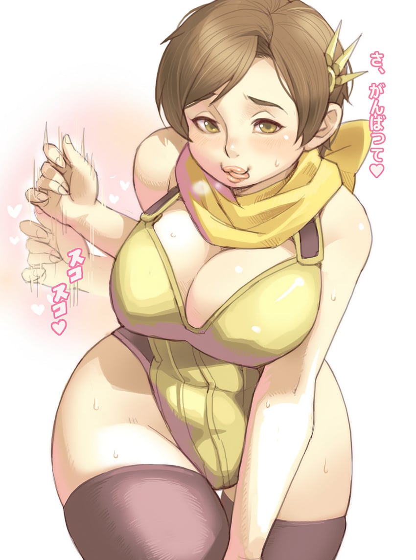 1girls blush bodysuit breasts brown_eyes brown_hair cleavage large_breasts lips looking_at_viewer maou_alba naughty_face nene_(sengoku_musou) ninja scarf sengoku_musou short_hair suggestive_gesture thighhighs upscaled voluptuous