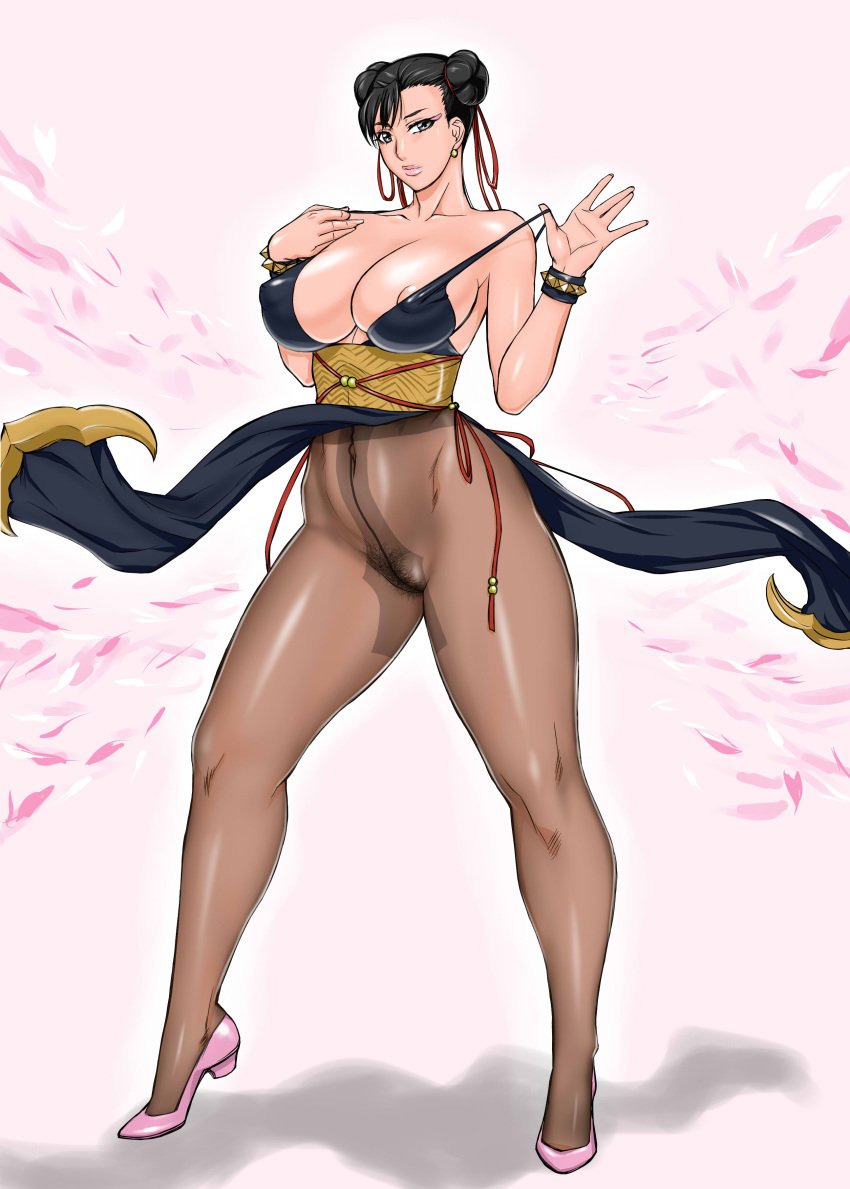 alternate_costume black_dress bracelet breasts chun-li crotch_seam double_bun dress earrings high_resolution innie_pussy jewelry large_breasts midou_tsukasa nipple_slip nipples no_panties pantyhose pink_shoes pubic_hair spiked_bracelet spikes street_fighter thick_thighs thighs