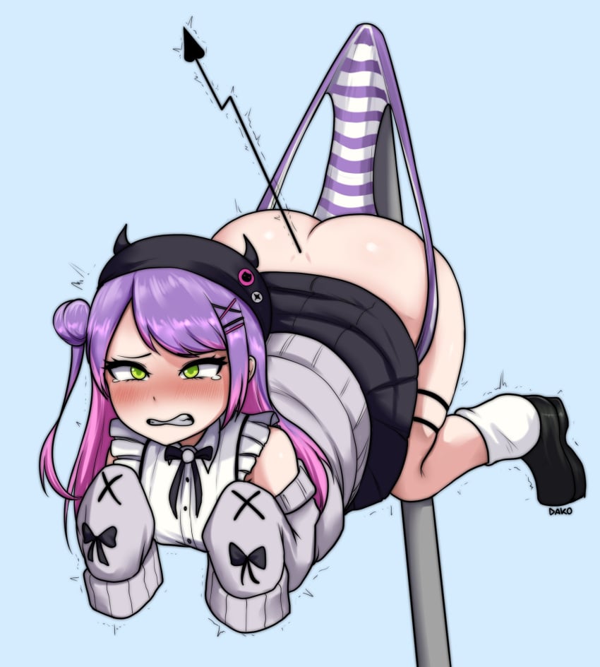 1girls 2023 ass big_ass blush clenched_teeth dakooo_sito demon_tail detached_sleeves gradient_hair green_eyes hanging_wedgie hat hololive loafers loose_socks panties panty_pull pole purple_panties skirt skirt_up striped_panties tagme tail tears wedgie