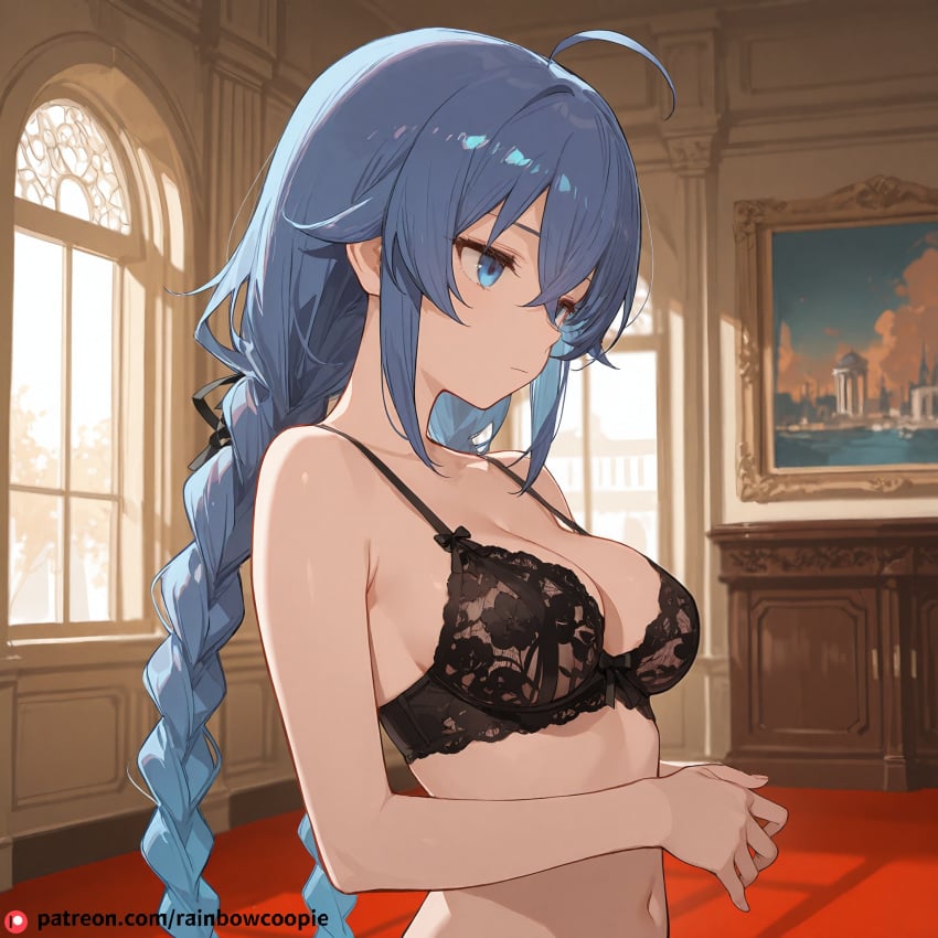 1girls ai_generated artist_name big_breasts black_bra blue_eyes blue_hair bra braid breasts busty cleavage female female_only hi_res large_breasts mushoku_tensei navel own_hands_together roxy_migurdia sensual solo twin_braids very_long_hair voluptuous