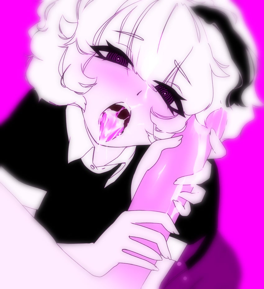 1boy 1boy1girl 1girls ahe_gao appetite_of_a_people_pleaser big_penis black_hair cakey-chan cakey_(ghost_and_pals) clothed cum cum_on_face dick facial ghost_and_pals imminent_oral imminent_sex open_mouth oral oral_sex pink pink_background pleasure_face tongue_out v_flower vocaloid white_hair