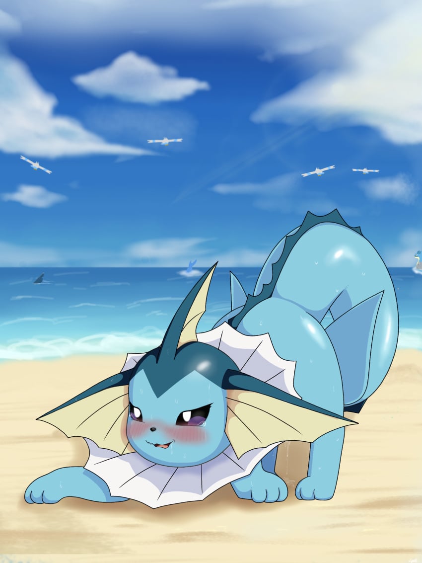 3:4 absurd_res ambiguous_gender beach blue_body blush bodily_fluids cloud covering covering_crotch curled_tail digital_media_(artwork) eeveelution eyelashes feral fin forked_tail generation_1_pokemon generation_3_pokemon genital_fluids glistening glistening_body hi_res lapras leaking lens_flare luzarte multicolored_body nintendo open_mouth outside paws pokemon pokemon_(species) purple_eyes sand seaside sharpedo simple_background sky solo tail tongue unusual_anatomy unusual_tail vaginal_fluids vaporeon wailord water wingull