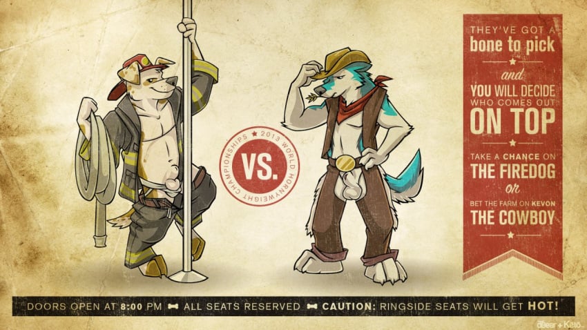 anthro assless_chaps balls bandana belt canine competition fire_poll firefighter fur furry hat hose jockstrap keto looking_at_viewer male male_only sheath underwear undressing vest