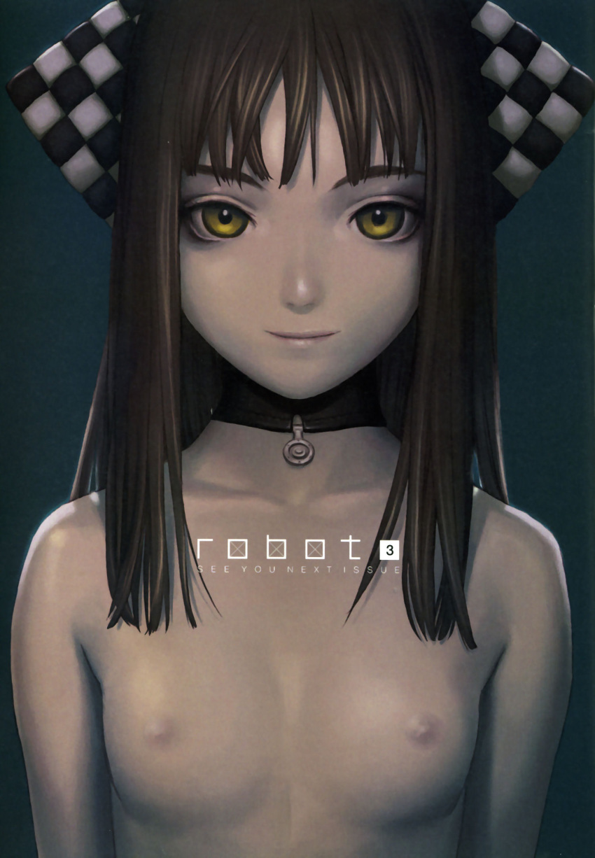 breasts brown_hair choker flat_chest green_eyes hair_ornament highres long_hair nipples range_murata scan smile topless yellow_eyes