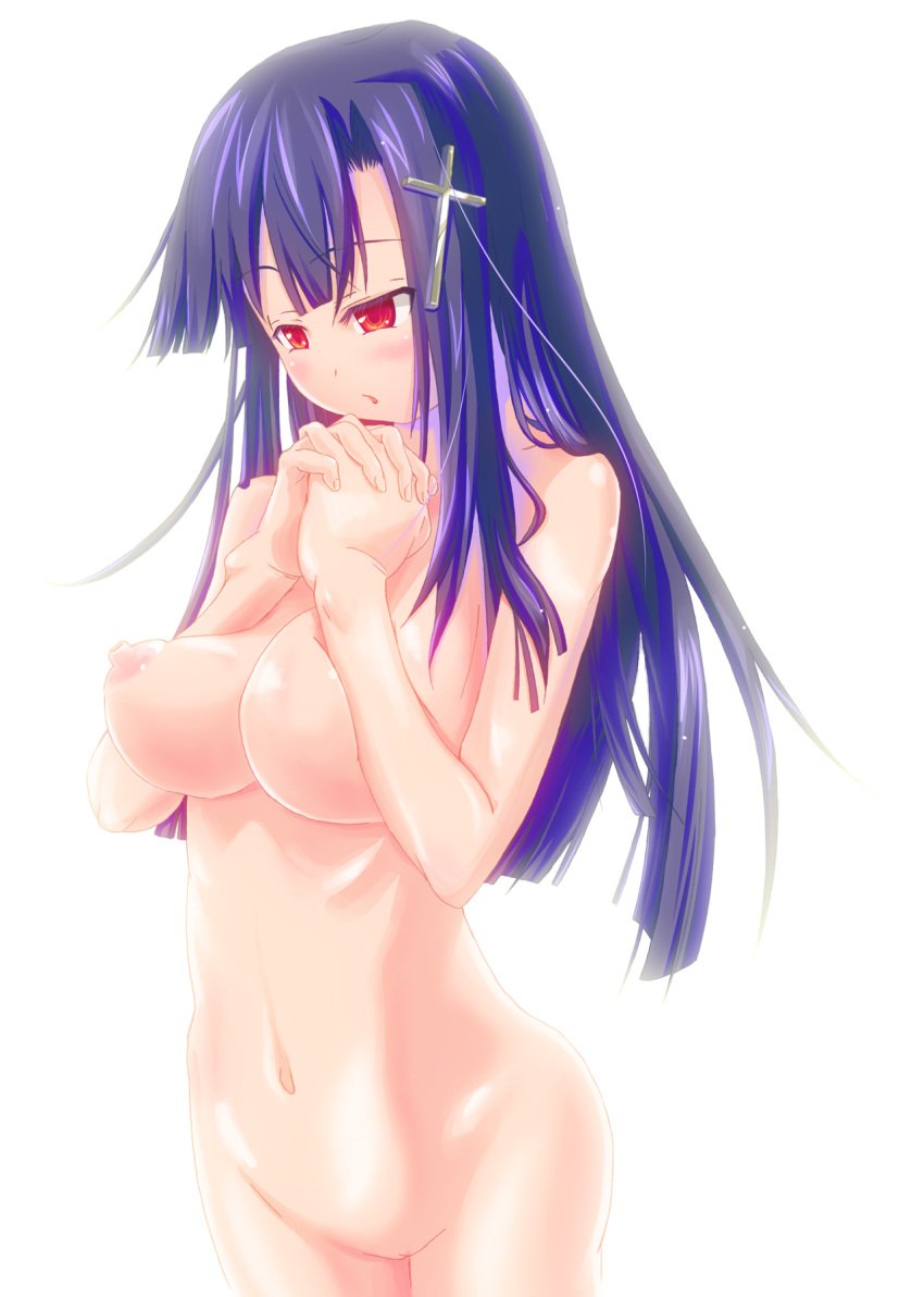 1girls blush breast_press breasts cross female female_only hair_ornament highres kannagi large_breasts long_hair nipples nude ooyayone praying purple_hair pussy red_eyes solo standing uncensored zange