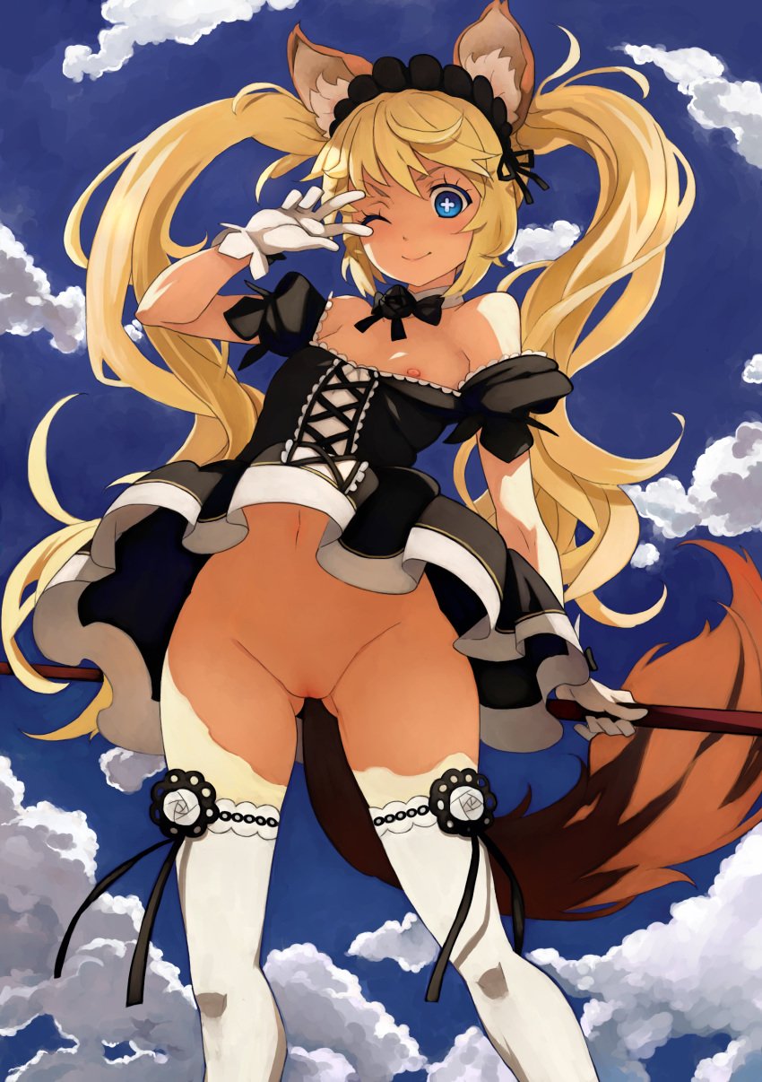 animal_ear blonde_hair blue_eyes blush bottomless breasts choker clouds dress dutch_angle elin_(tera) female flat_chest gesture gloves hair hi_res high_resolution highres long_hair looking_at_viewer nipples no_panties outdoors outside penguin_caee pussy sky smile solo standing symbol-shaped_pupils tail tera_online thighhighs tied_hair twintails upskirt v very_long_hair white_gloves wink