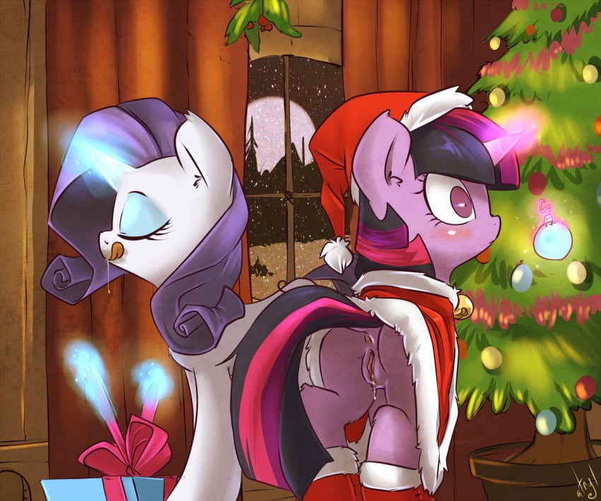 2012 anus ass atryl closed_eyes duo equine female feral friendship_is_magic hat horn horse licking licking_lips magic mistletoe moon my_little_pony ornaments pony pussy pussy_juice rarity_(mlp) snow suggestive tongue tree twilight_sparkle_(mlp) unicorn yuri