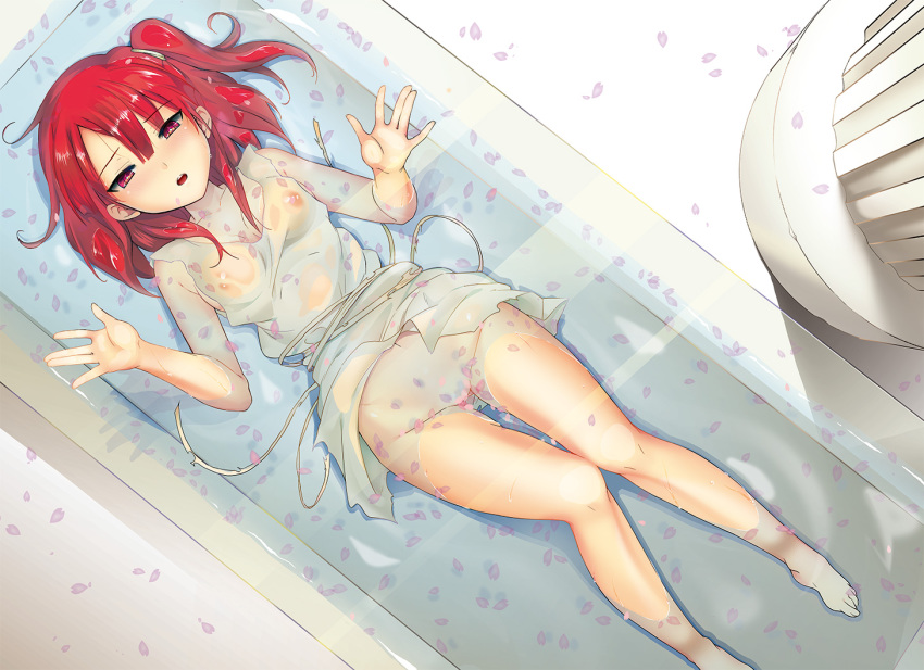 arms_up barefoot bathtub blush censored female looking_at_viewer lying magi:_the_labyrinth_of_magic morgiana nipples on_back open_mouth petals red_eyes red_hair shijou_mako short_hair side_ponytail smile solo wet wet_clothes