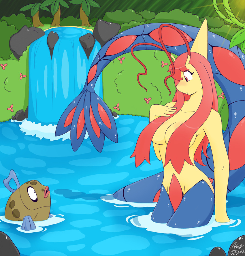 antenna anthro blush breasts feebas fish hair large_breasts milotic pink_hair pokemon pokemorph red_eyes tail water waterfall