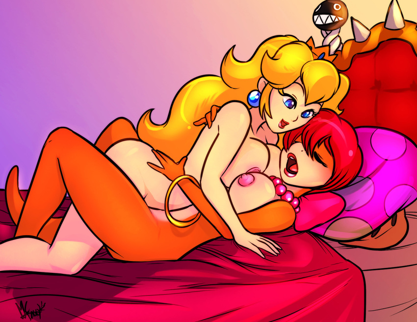 2girls areola bed blonde_hair blue_eyes bow breast_press breast_squish breasts chain_chomp closed_eyes erect_nipples female female_only huge_breasts human koopa large_breasts luvon mario_(series) multiple_girls nintendo nipples open_mouth princess_peach super_mario_bros. themadcatter wendy_o._koopa yuri