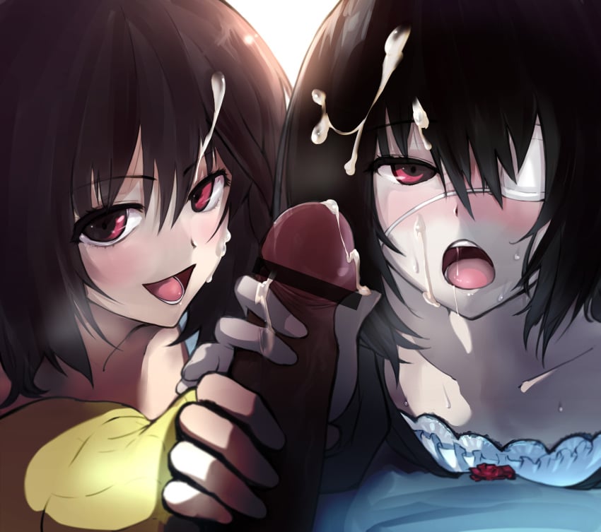 2girls another black_hair brown_hair clothing cum eye_patch fujioka_misaki handjob highres misaki_mei negresco open_mouth pale_skin penis red_eyes twins