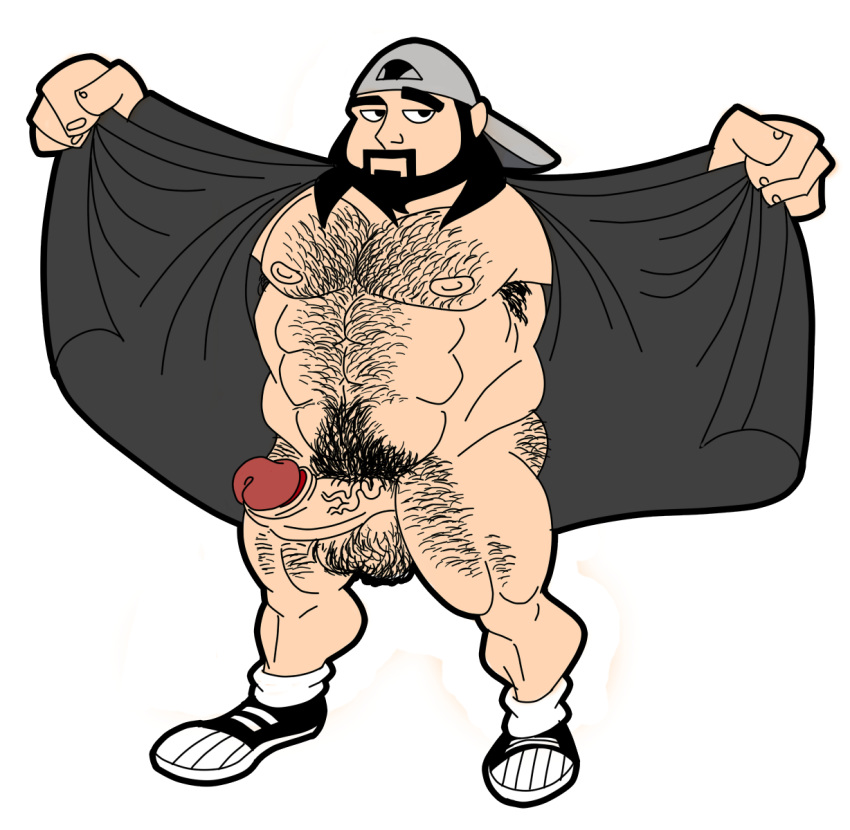 1boy abs artist_request backwards_baseball_cap balls ballsack bara beard beefy black_eyes black_hair body_hair clerks erection facial_hair foreskin foreskin_folds hairy_ass hairy_balls hairy_male human inner_foreskin intact kevin_smith_(actor) long_hair_male male male_nipples male_only male_pubic_hair manly mature_male mostly_nude_male muscles muscular_male mustache open_coat pecs penis raised_eyebrow real_person retracted_foreskin savage scrotum silent_bob solo testicles toony uncut veiny_penis