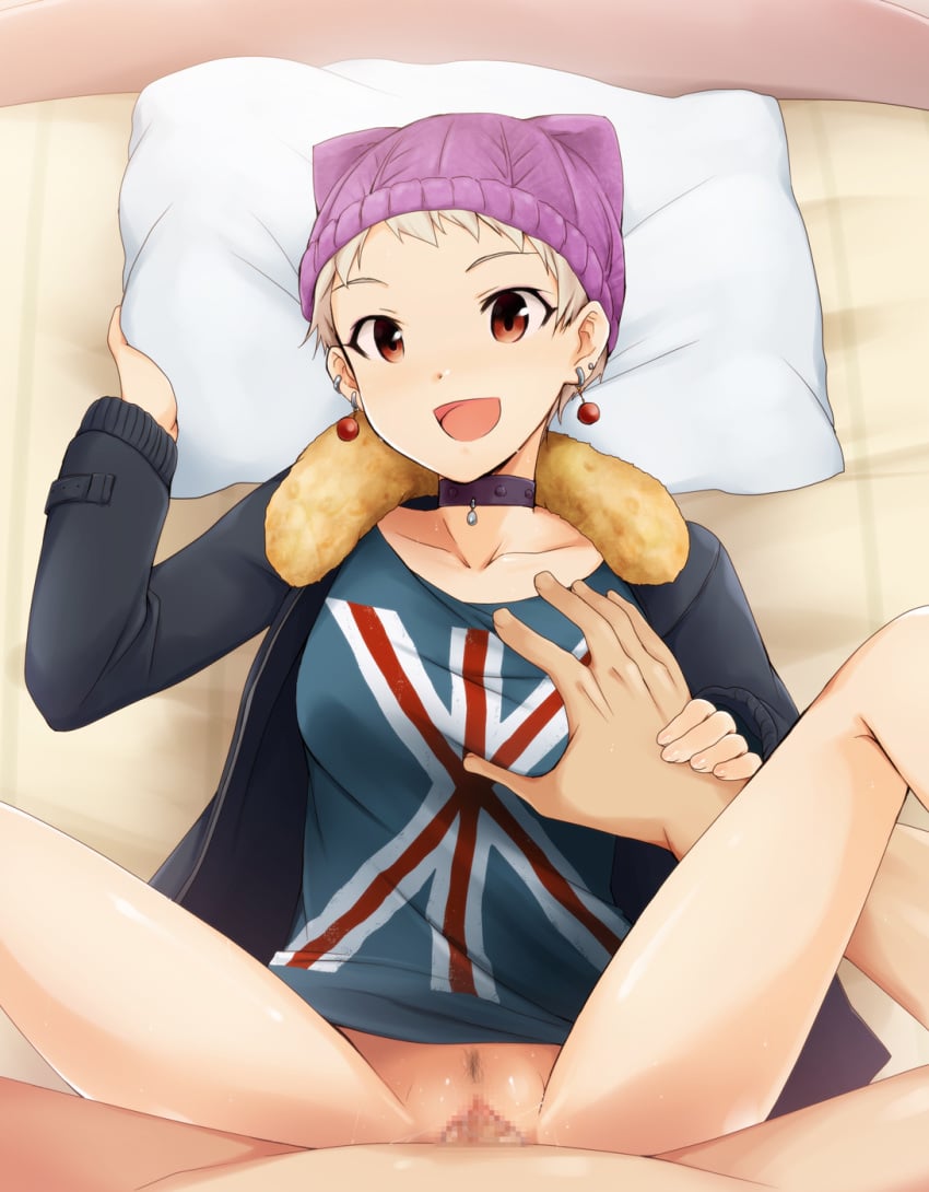 bed blonde_hair bottomless breast_grab breasts censored earrings female hat highres human idolmaster idolmaster_cinderella_girls jacket jewelry looking_at_viewer lying male no_panties open_mouth penis pillow pussy red_eyes senzaki_ema sex short_hair spread_legs straight vaginal_penetration