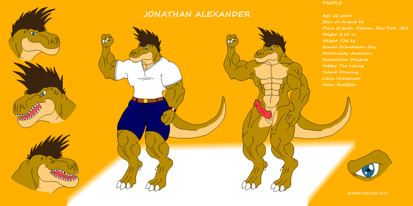 2013 abs anthro biceps dinosaur erection furry jonathan_alexander male male_only maxime-jeanne muscles no_humans nude pecs penis plain_background pose profile reptile scales scalie solo theropod tyrannosaurus_rex vein white_background