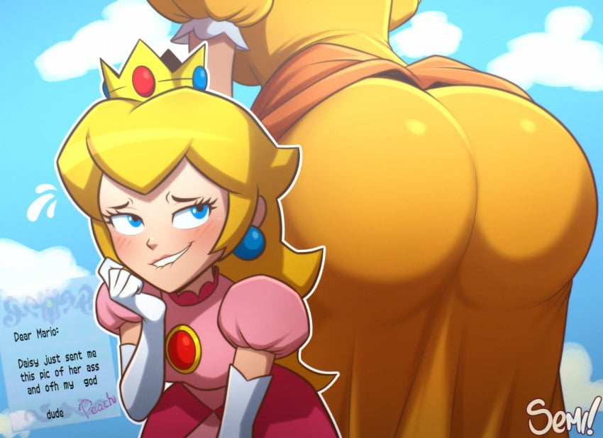 2girls ass ass_focus ass_in_dress big_ass biting_lip blonde_hair blue_eyes blush crown dress eyelashes female female_only letter long_hair mario_(series) princess princess_daisy princess_peach semidraws sky super_mario_64 super_mario_bros. tagme yuri