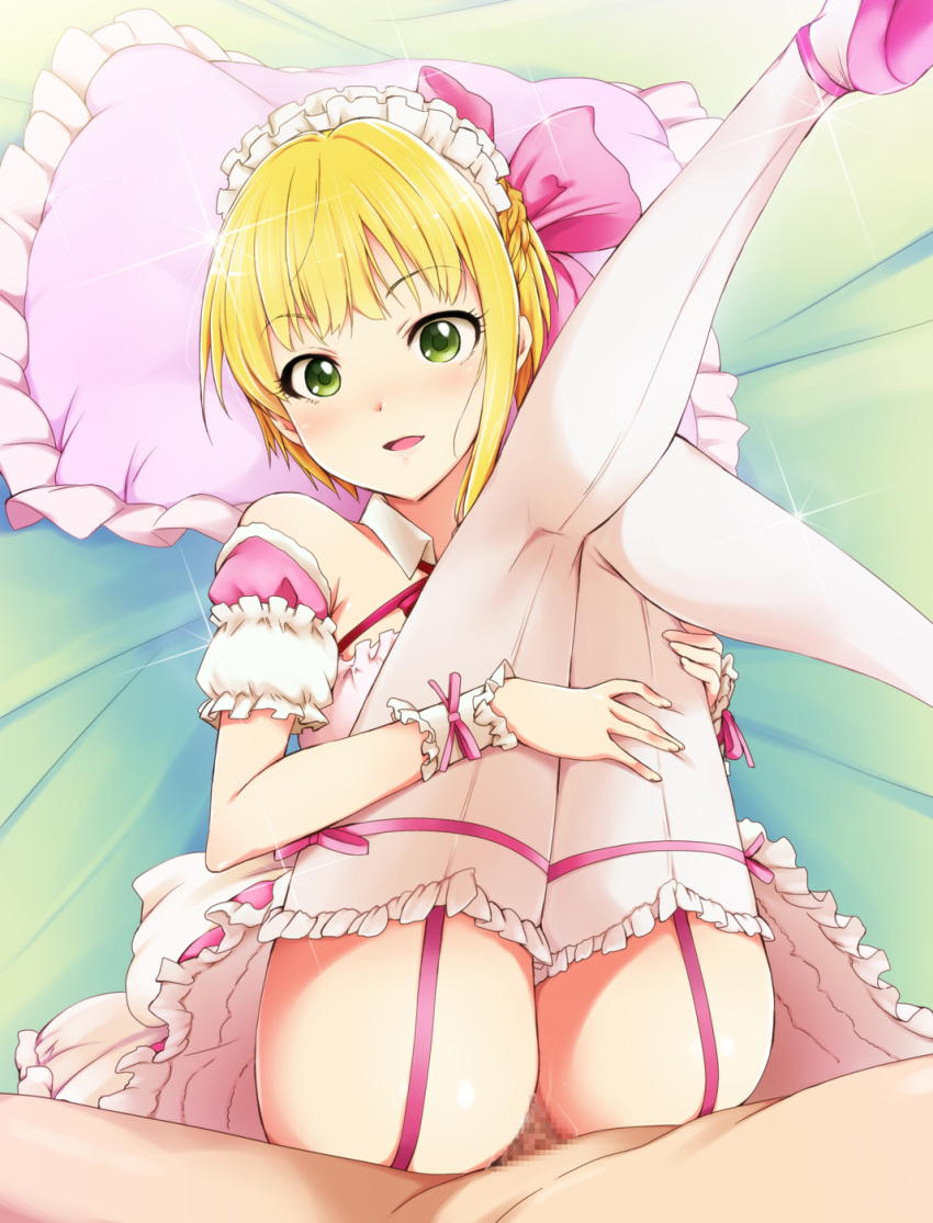 bed blonde_hair blush censored female garter_belt green_eyes hair_ornament happy_sex highres human idolmaster idolmaster_cinderella_girls legs legs_up looking_at_viewer lying male miyamoto_frederica on_back open_mouth penis pillow sex short_hair straight thighhighs thighs vaginal_penetration