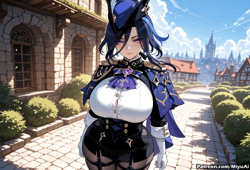 1girl ai_assisted ai_generated bangs black_legwear blush bra bra_through_clothes breasts building clorinde_(genshin_impact) closed_mouth curvaceous curvy curvy_female curvy_figure dutch_angle female fence garter_straps genshin_impact gloves hair_between_eyes hat huge_breasts long_sleeves looking_at_viewer miniskirt miyuai mole outdoors purple_eyes purple_hair skirt smile solo sunlight taut_clothes thick thick_ass thick_butt thick_hips thick_legs thick_thighs tree underwear voluptuous voluptuous_female white_shirt wide_hips wide_thighs