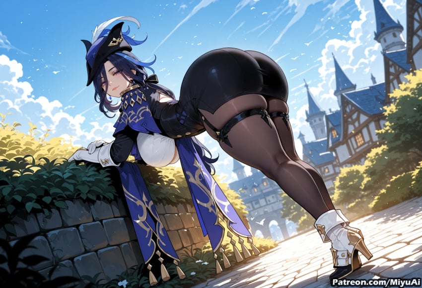 1girl ai_assisted ai_generated ass bent_over black_hair breasts clorinde_(genshin_impact) cloud curvaceous curvy curvy_female curvy_figure day female genshin_impact gloves hat high_heels large_breasts long_hair looking_at_viewer looking_back miyuai police police_uniform sky solo thick thick_ass thick_butt thick_hips thick_legs thick_thighs thighs uniform voluptuous voluptuous_female weapon wide_hips wide_thighs