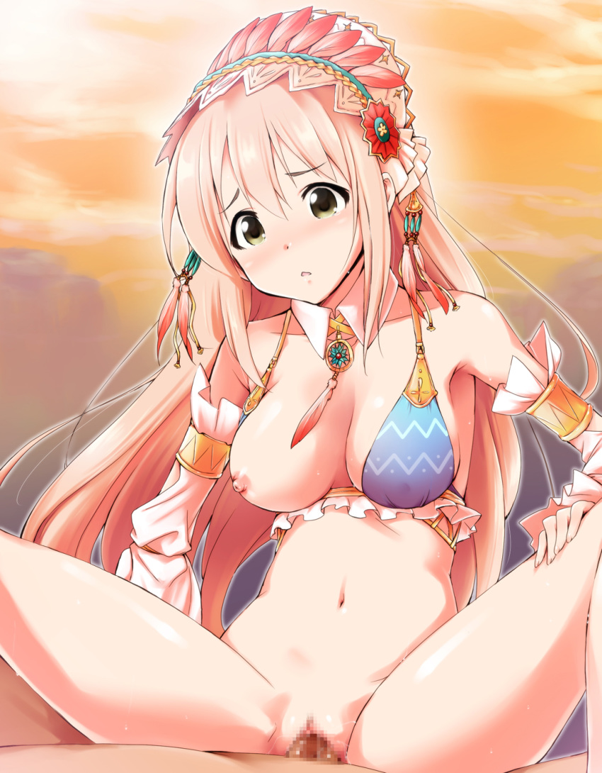 areolae armpits bare_shoulders bikini_top black_eyes blush bottomless breasts censored cowgirl_position female hair_ornament highres human idolmaster idolmaster_cinderella_girls legs long_hair looking_down male navel nipples penis pink_hair pussy saionji_kotoka sex sitting sitting_on_person spread_legs straight thighs vaginal_penetration