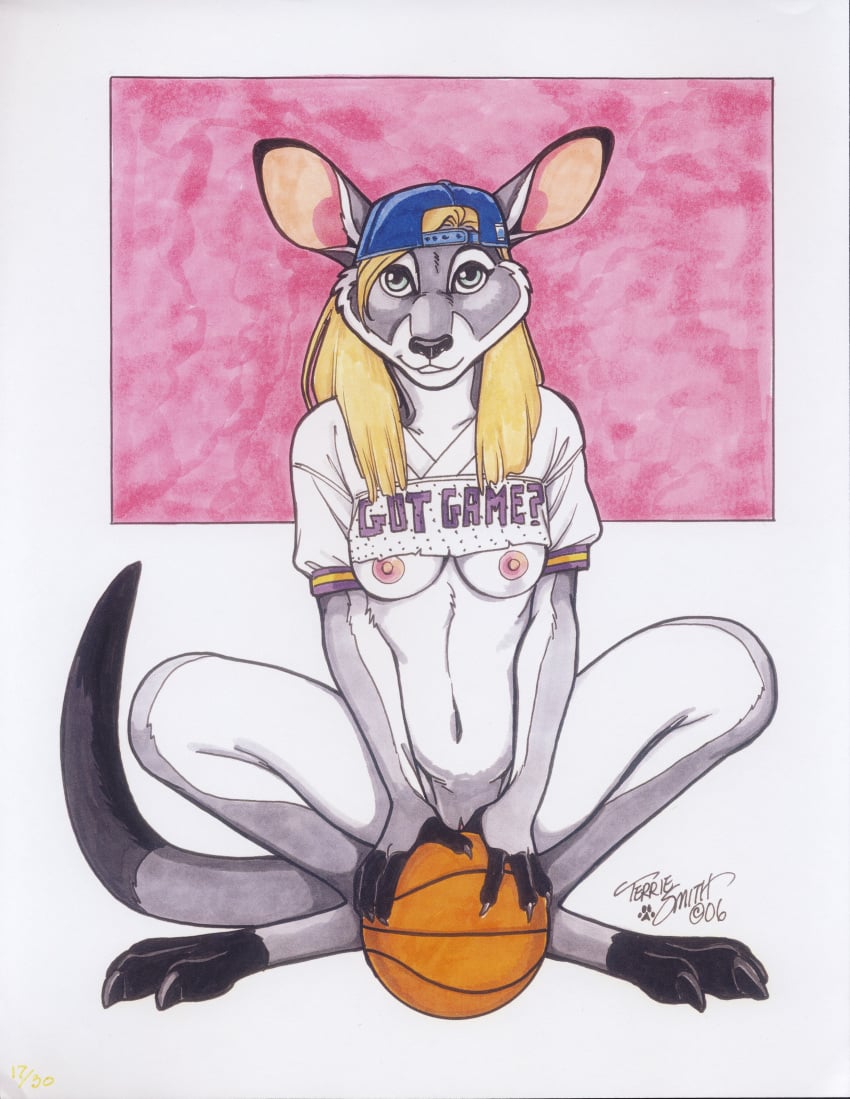 2006 ball basketball breasts female fur furry high_resolution kangaroo looking_at_viewer marsupial nipples nude pinup pussy solo terrie_smith traditional_media