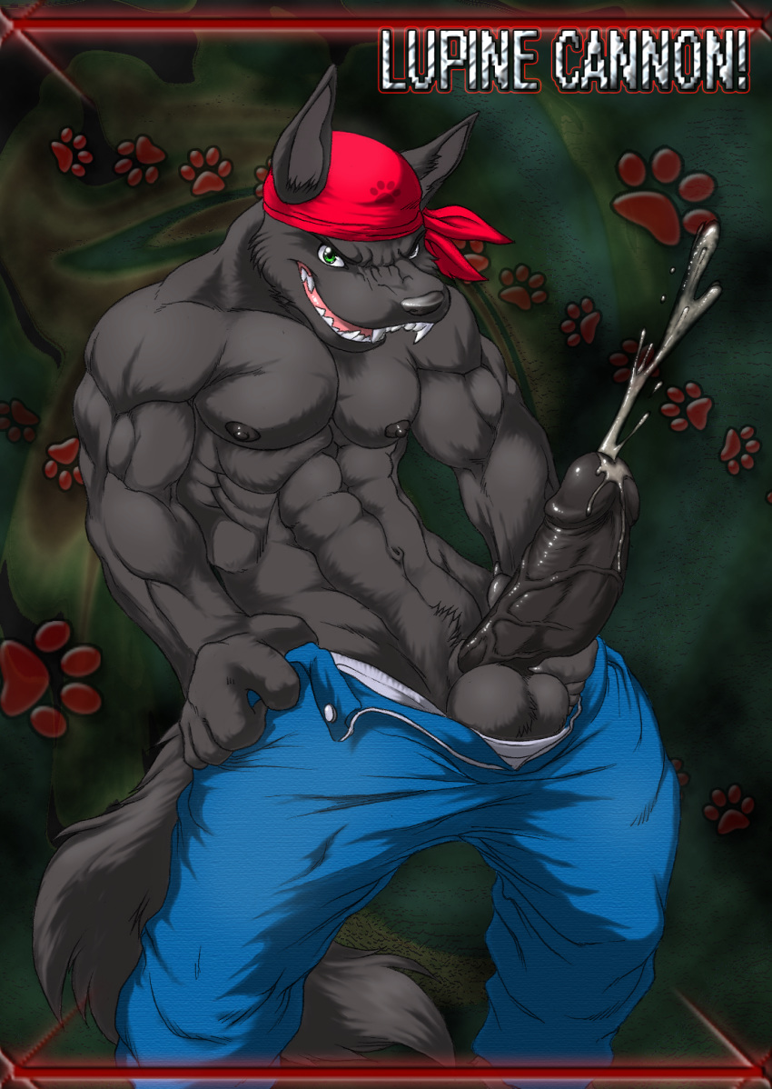 1boy abs anthro balls bandana biceps big big_penis canine clothed clothes cum cumshot english_text erection fangs fur furry green_eyes half-dressed huge_muscles jeans looking_at_viewer lupine_assassin male male_only masturbation muscles nipples open_mouth orgasm pants pants_down pawprint pecs penis solo text thick thick_penis topless underwear undressing utx-shapeshifter vein wolf