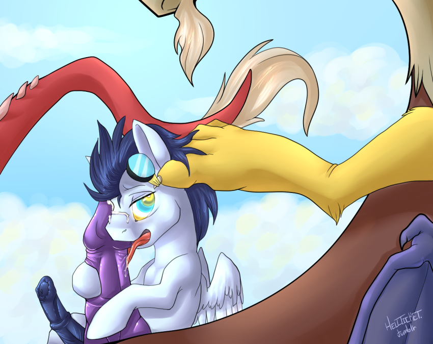 2013 blue_fur blue_hair clouds discord_(mlp) draconequus duo equine eyeswear feral friendship_is_magic gay goggles hair hellticket horse male mind_control my_little_pony no_humans oral pegasus penis pony sky soarin_(mlp) tongue tongue_out wings wonderbolts_(mlp)