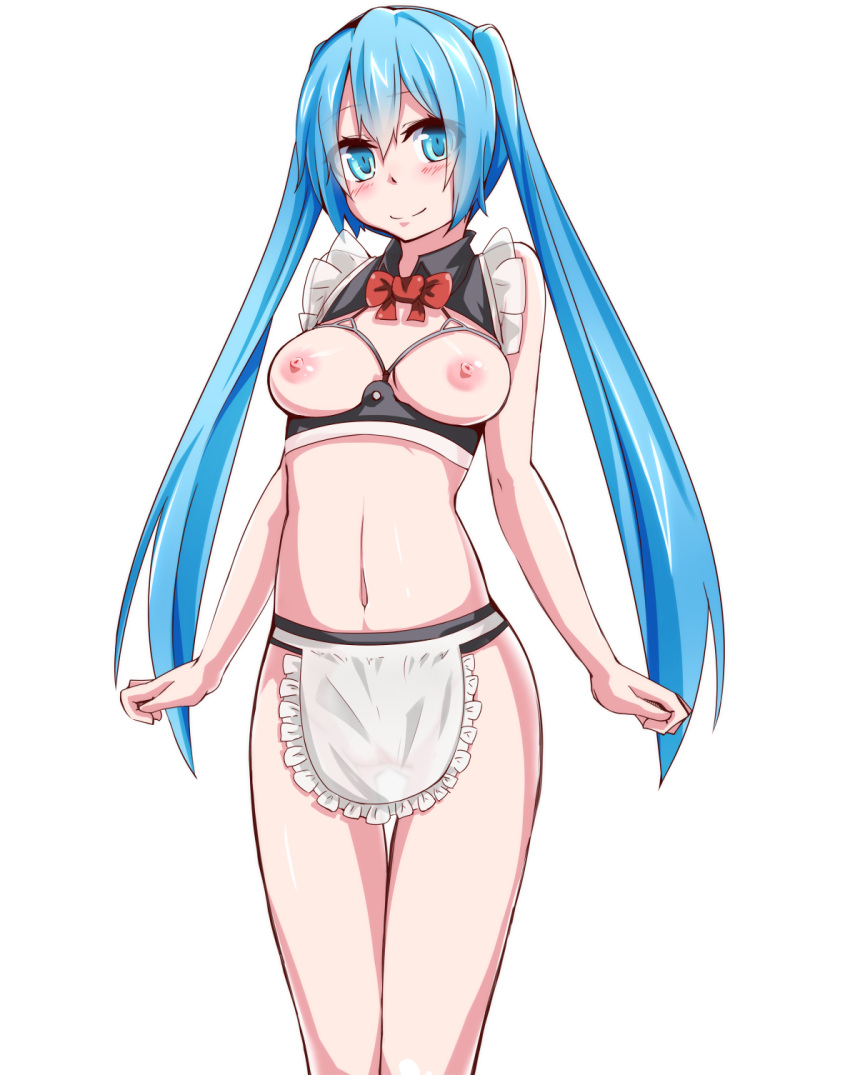 apron aqua_eyes aqua_hair blush breastless_clothes breasts female frills hatsune_miku highres long_hair looking_at_viewer maid mujakuma navel nipples pussy see-through simple_background smile solo thigh_gap tied_hair twintails very_long_hair vocaloid white_background