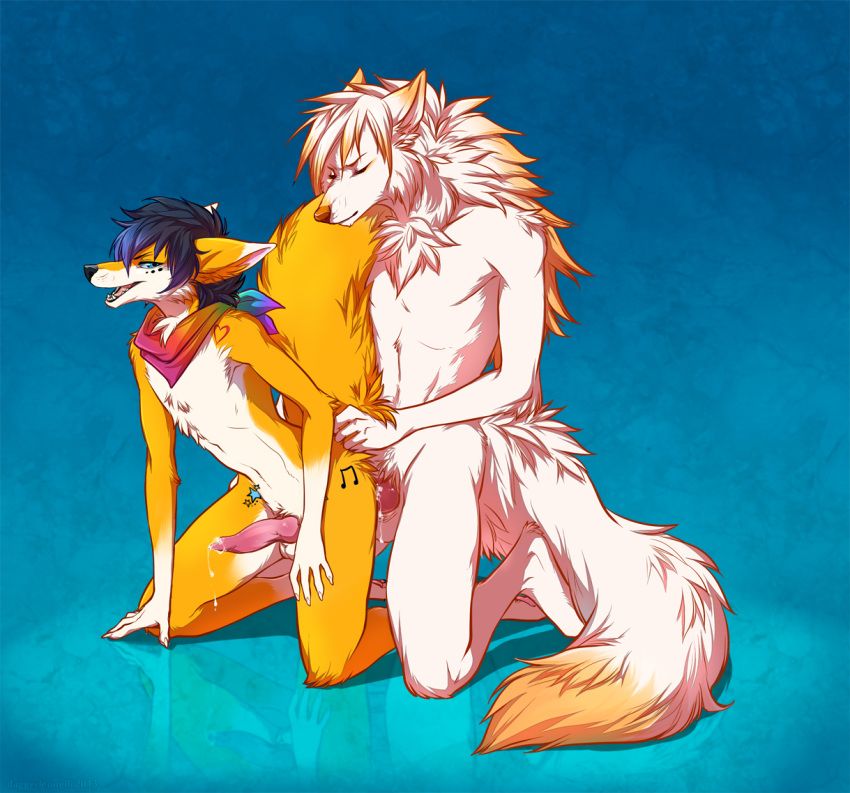 2boys anal anal_sex ass blue_background canine cum dagger dagger_leonelli doggy_style fox from_behind fur furry furry_only gay kenneth kneeling knot male male_only no_humans no_nipples original_character penis plain_background sex syberfoxen tail text weapon white_fur wolf yellow_fur