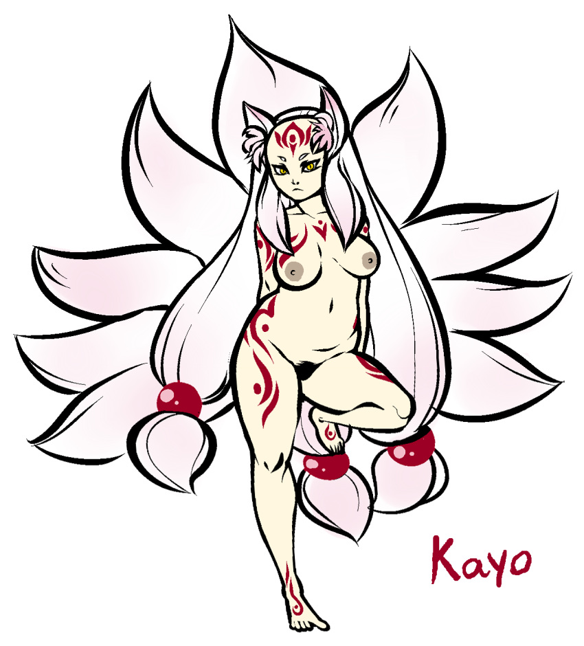 animal_ears bald_spot breasts character_name dark_nipples daspyorno facial_tattoo female fox_ears fox_tail highres kayo_(pyorno) kitsune large_breasts long_hair low-tied_long_hair multiple_tails nipples nude on_one_foot original payot plump pubic_hair slit_pupils solo sun_tattoo tail tattoo tied_hair twintails very_long_hair white_background white_hair yellow_eyes