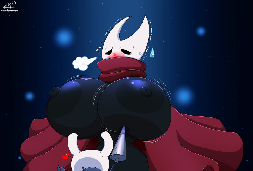 ahe_gao areolae big_breasts big_nipples blush breast_expansion cape cloak cornchip21 heart hollow_knight hood hornet_(hollow_knight) horny huge_breasts insects large_areolae large_breasts protagonist_(hollow_knight) red_cape siblings size_difference smaller_male sweat weapon