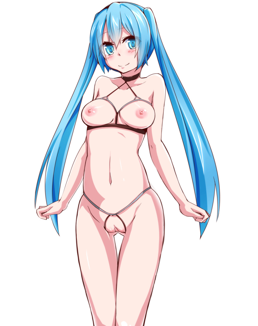 aqua_eyes aqua_hair blush breastless_clothes breasts crotchless female hatsune_miku highres long_hair looking_at_viewer mujakuma navel nipples photoshop pussy simple_background smile solo thigh_gap tied_hair twintails uncensored very_long_hair vocaloid white_background