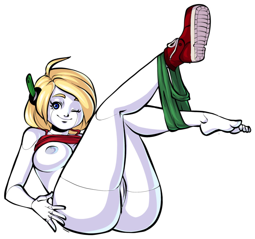 ahoge android ass blonde_hair blue_eyes breasts cave_story curly_brace dark_nipples daspyorno female highres large_breasts long_hair nipples on_back pussy robot_ears robot_joints shorts shorts_pull single_shoe solo spaghetti_strap tank_top top_lift transparent_background white_skin wink