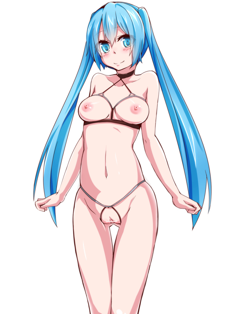 aqua_eyes aqua_hair blush breastless_clothes breasts censored crotchless female has_uncensored_version hatsune_miku highres long_hair looking_at_viewer mujakuma navel nipples pussy simple_background smile solo thigh_gap tied_hair twintails very_long_hair vocaloid white_background