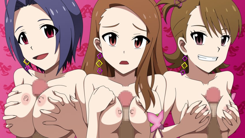 16:9 3girls blue_hair breast_squeeze breasts brown_eyes brown_hair censored clenched_teeth earrings futami_ami highres idolmaster jewelry large_breasts long_hair looking_at_viewer minase_iori miura_azusa multiple_girls nude open_mouth paizuri penis red_eyes short_hair simple_background smile wallpaper