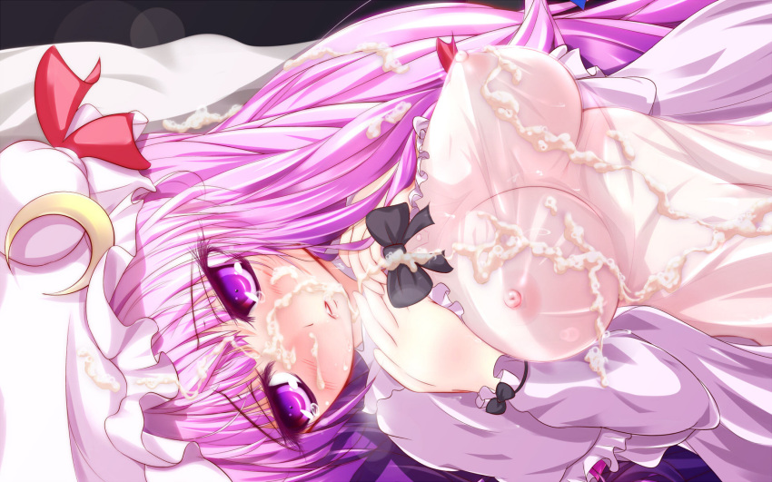 16:10 female blush breasts crescent_moon erect_nipples furaido hat highres large_breasts long_hair lying moon nightgown nipples on_back patchouli_knowledge purple_hair see-through solo touhou